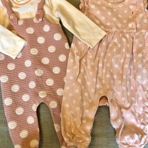 Pink polka dot outfit and romper, 6-12 months